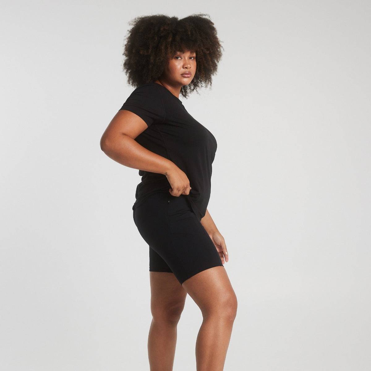Woman wearing Victoria Stag's Core Trainer Tee in Black